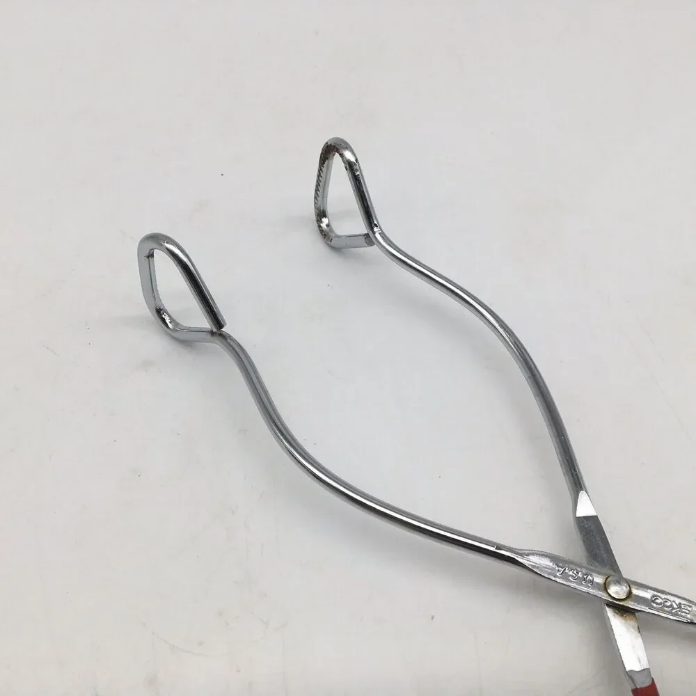 Vintage EKCO 10.75” Stainless Steel Kitchen Tongs Grippers Red Rubber handle USA
